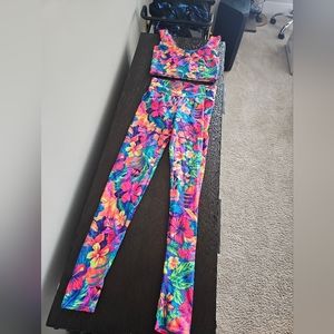2 Piece Leggings Crop Top Tropical Neon tropical Floral Festival Rave Outfit